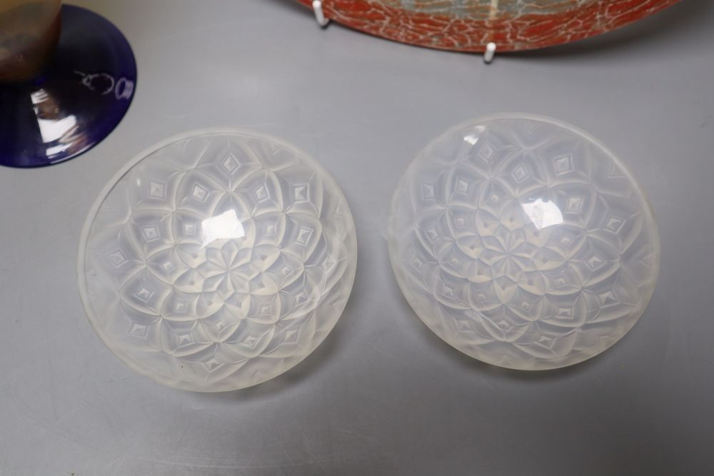 A Clyne Farquarson for John Walsh lead crystal Leaf vase, two WMF glass pieces and a pair of Choisy-le-Roi small dishes